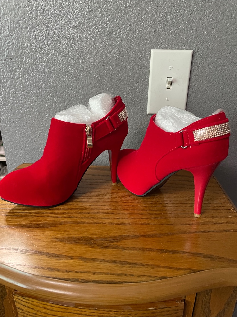 Red Rhinestone-Trim High Heel Ankle Booties